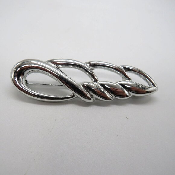 Vintage Leaf Brooch Silver Tone Loopy Braid Scarf Lapel Coat Pin - Picture 7 of 12